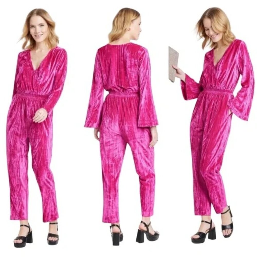 A New Day Hot Pink Crushed Velvet Jumpsuit (Large)